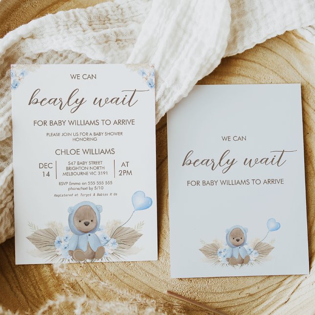 Blue Beige Vi kan barly Wait Baby Shower Inbjudningar (Boy we can bearly wait for baby to arrive baby shower invitation featuring a blue flowers.)