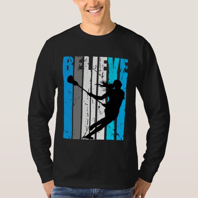 Blue Believe Lacrosse Motivational Girls Team Retr T Shirt (Framsida)