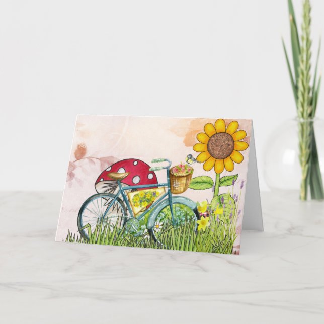 Blue Bicycle Gult Solros Mushroom Bird Rosa Kort (Framsida)