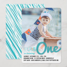 Blue Big Sketch One Pojke First Födelsedagsfest Inbjudningar