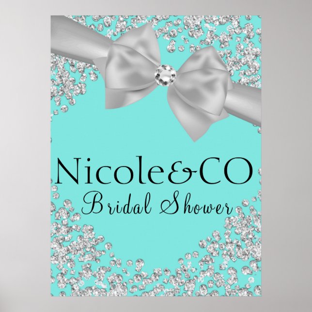 Blue Big White Bow Diamonds Bridal Shower Poster (Framsidan)