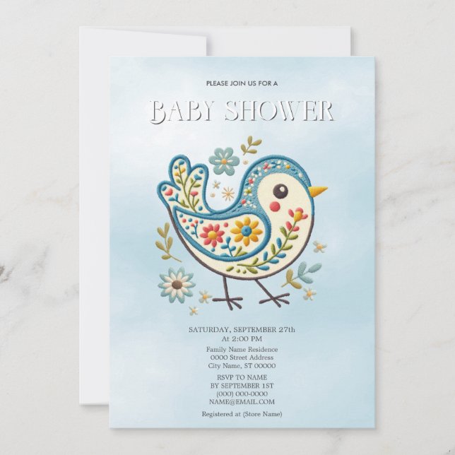 Blue Bird Blommigt Baby Shower Inbjudningar (Framsida)