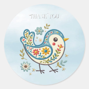 Blue Bird Blommigt Sticker Runt Klistermärke