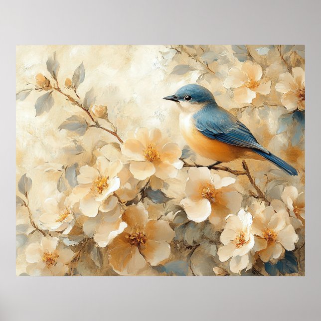 Blue Bird Blossoming Tree Painting Poster (Framsidan)