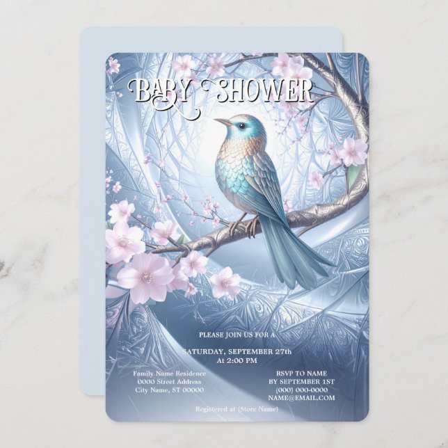Blue Bird Floral Baby Shower Invitation Inbjudningar (Fram/baksida)