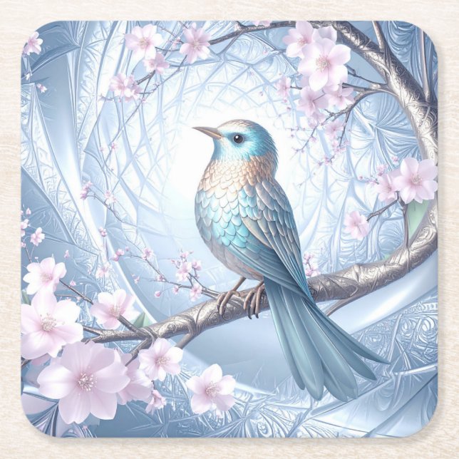 Blue Bird Floral Paper Coaster Underlägg Papper Kvadrat (Framsidan)