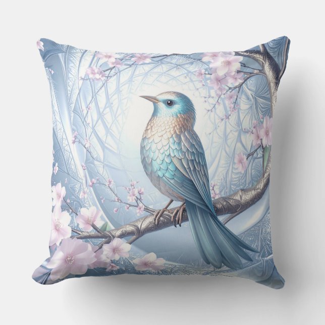 Blue Bird Floral Throw Pillow Kudde (Framsida)