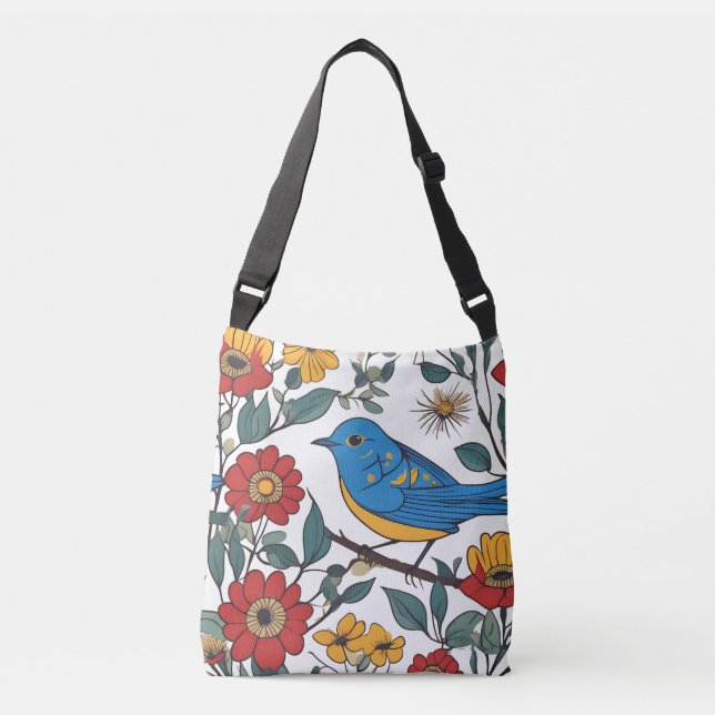 Blue Bird Folk Art Blommigt Tote Bag Axelväska (Framsida)
