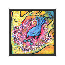 Blue Bird in Nest with Eggs