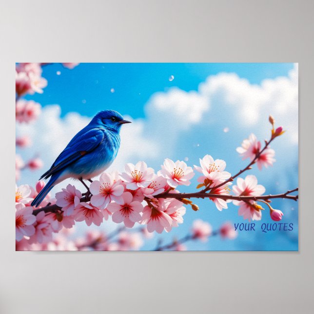 Blue Bird on Cherry Blossom Branch Poster (Framsidan)