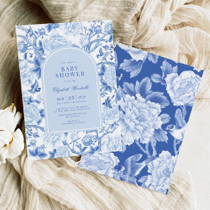 Blue Bird Peony Chinoiserie Garden Baby Shower Inbjudningar