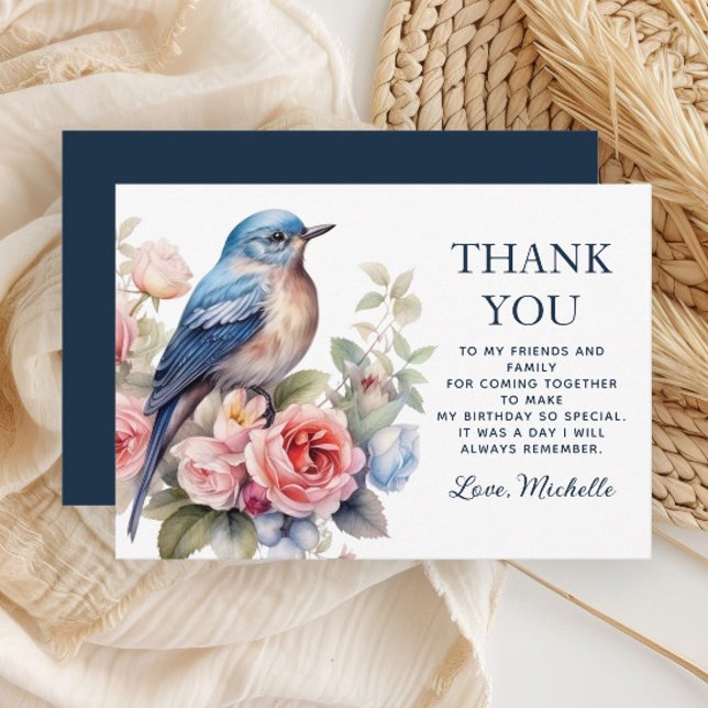 Blue Bird Rosa Flowers Birthday Tack (Blue bird and pink floral birthday party Thank You card)
