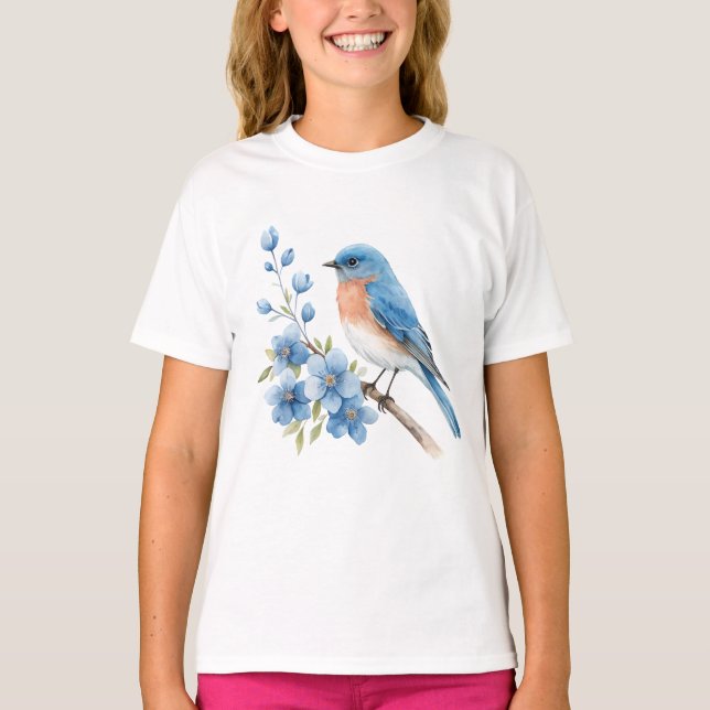 Blue bird with blue flowers t shirt (Framsida)