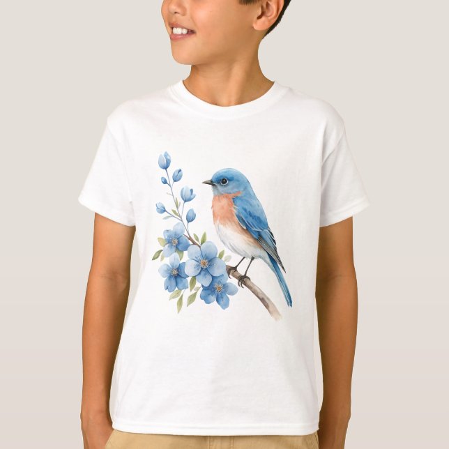 Blue bird with blue flowers t shirt (Framsida)