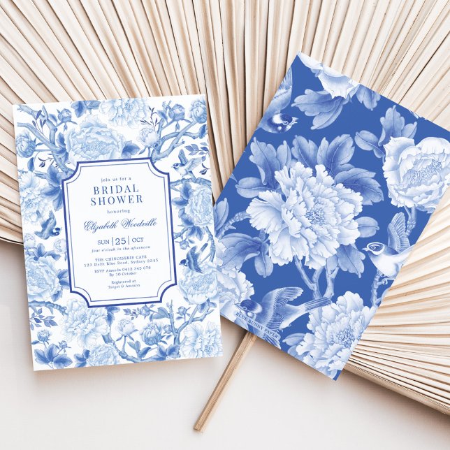 Blue Birds & Peonies Chinoiserie Möhippa Inbjudningar (Skapare uppladdad)