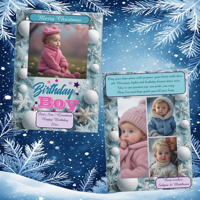 Blue Birthday Boy White Christmas Snowflakes Photo Julkort (Blue Birthday Boy White Christmas Snowflakes Photo Holiday Card)