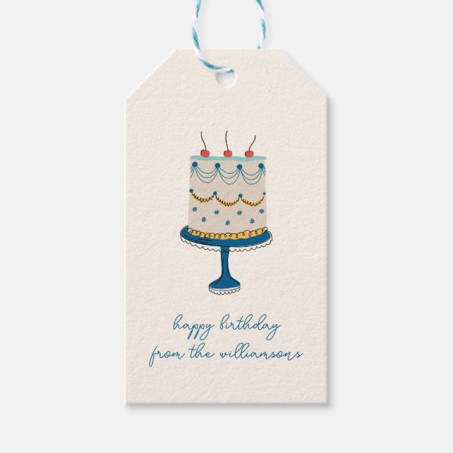 Blue Birthday Cake Doodle Cute From Family Name Presentetikett (Framsidan)