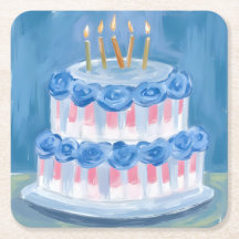 Blue Birthday Cake Watercolor Celebration Party