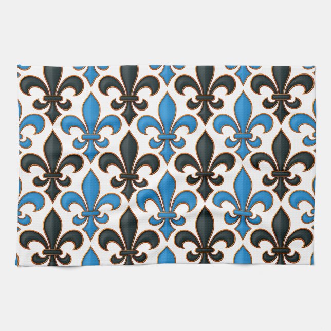Blue Black Baroque Fleur-de-lis Pattern Design  Kökshandduk (Horisontell)