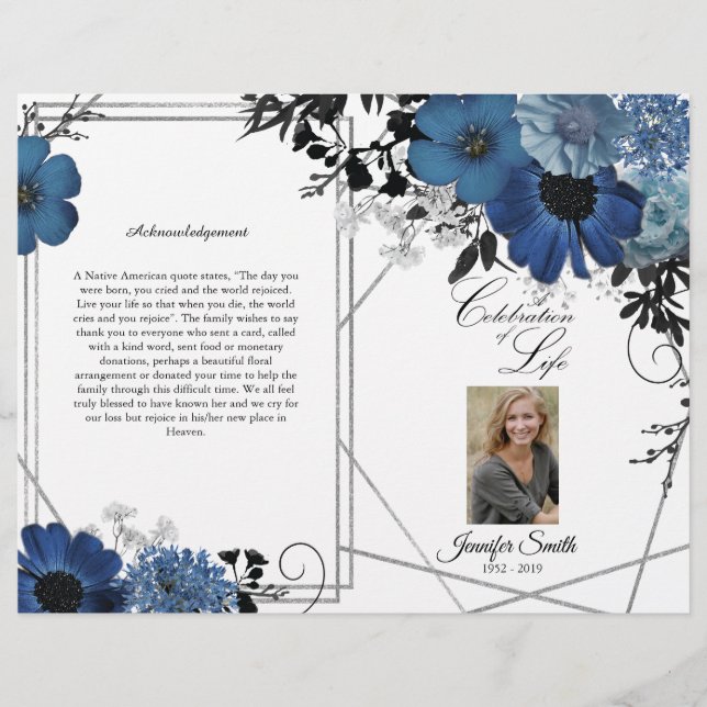 Blue Black Blommigt Geometric Funeral Program (Framsidan)