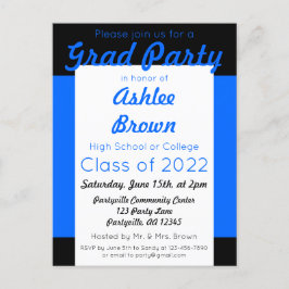 Blue Black Bold Grad Party Studenten Inbjudan Vykort