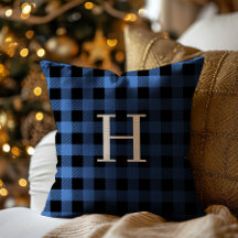 Blue Black Buffalo Plaid Monogram Holiday