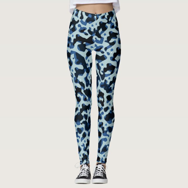 Blue Black Camo Abstrakt Mönster Leggings (Framsida)