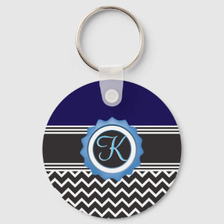 Blue Black Chevron Monogram Nyckelring