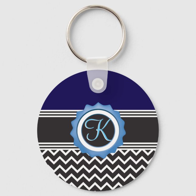 Blue Black Chevron Monogram Nyckelring (Framsida)