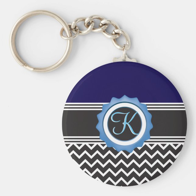 Blue Black Chevron Monogram Nyckelring (Framsidan)