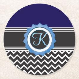 Blue Black Chevron Monogram Underlägg Papper Rund