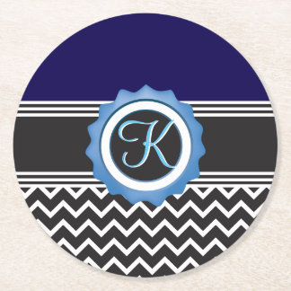 Blue Black Chevron Monogram Underlägg Papper Rund