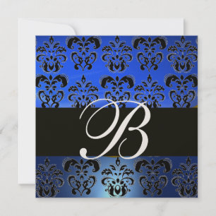 BLUE BLACK DAMASK MONOGRAM, ljusvit Guld Inbjudningar