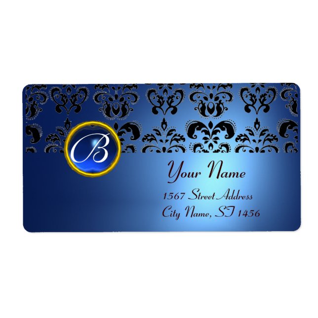 BLUE BLACK DAMASK MONOGRAM,sapphire turquase Fraktsedel (Framsidan)
