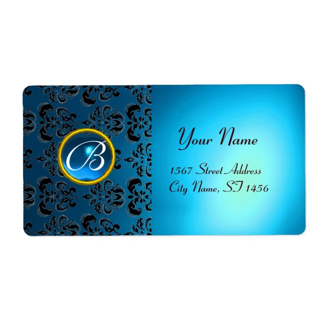 BLUE BLACK DAMASK MONOGRAM,sapphire turquase Fraktsedel (Framsidan)