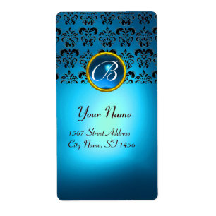 BLUE BLACK DAMASK MONOGRAM,sapphire turquase Fraktsedel