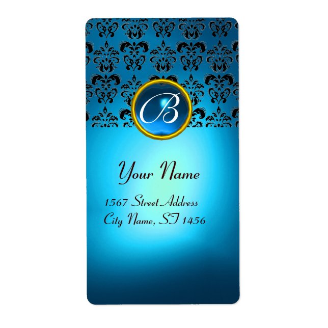 BLUE BLACK DAMASK MONOGRAM,sapphire turquase Fraktsedel (Framsidan)