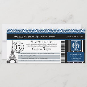 Blue Black Damask Quinceanera Paris Boarding Pass Inbjudningar