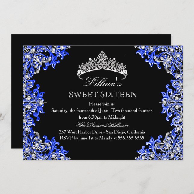 Blue & Black Damask Tiara Sweet 16-inbjudan Inbjudningar (Fram/baksida)