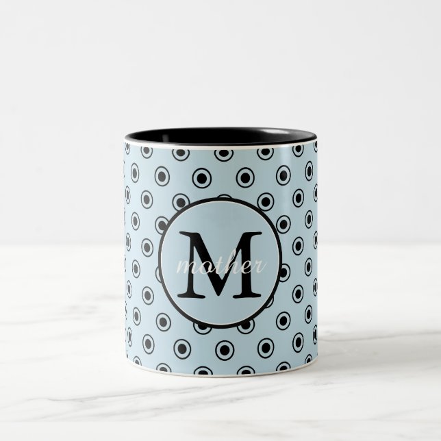 Blue Black Dots Monogram Två-Tonad Mugg (Center)