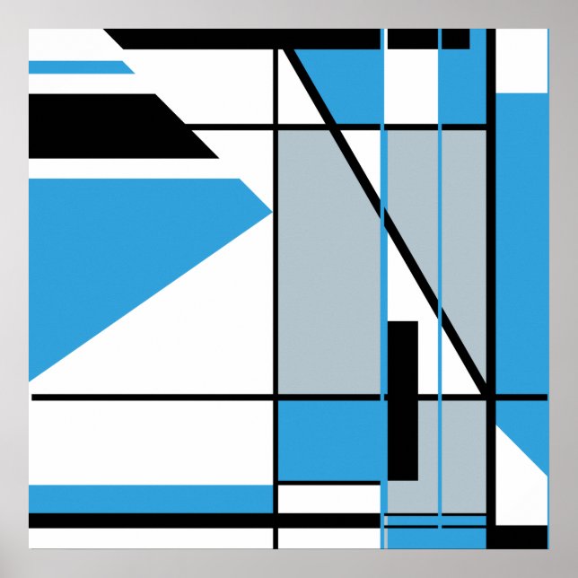 Blue Black Grått på vit Abstrakt Mosaic-liknande u Poster (Framsidan)