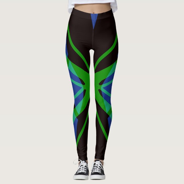 Blue Black Grönt Abstrakt Geometric Gym Yoga Leggings (Framsida)