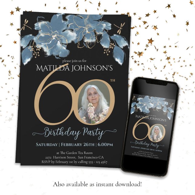 Blue Black Guld Anpassningsbar Photo Blommigt 60:e Inbjudningar (Floral 60th Birthday Blue Black Gold Custom Photo Invitation)