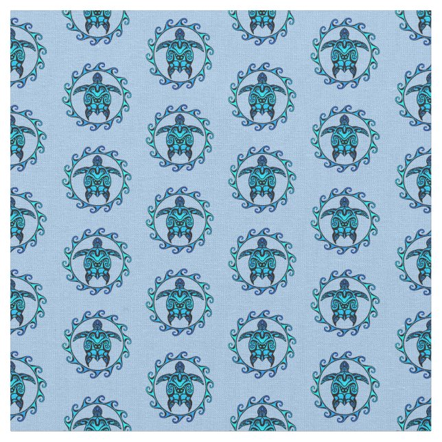 Blue Black Maori Sol Symbol Tribal Turtles Tyg (Närbild)