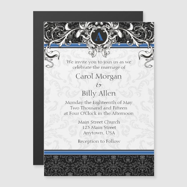 Blue Black Monogram Magnetic Wedding-inbjudan Magnetisk Inbjudningskort (Fram/baksida)
