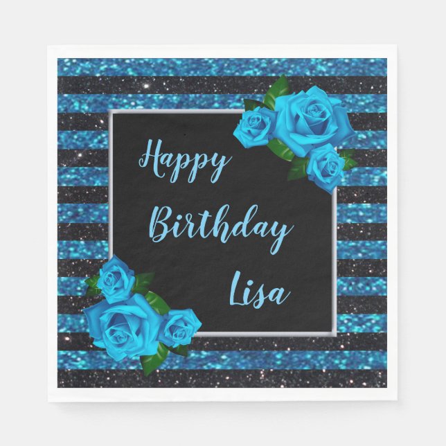 Blue Black Rand Glitter Blue Ro Birthday Pappersservett (Framsidan)