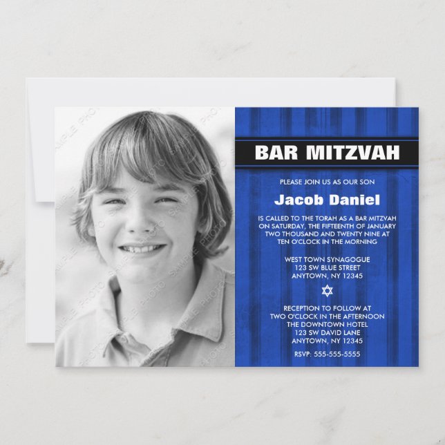 Blue Black Rand Photo Pub Mitzvah-inbjudan Inbjudningar (Framsida)