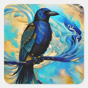 Blue Black Raven på Blue and guld abstrakt Fyrkantigt Klistermärke