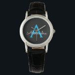 Blue Black Script Girly Monogram Namn Armbandsur<br><div class="desc">Svart och blå Enkel skript Monogram Namn Watch. Det gör perfekt studenten,  födelsedag,  bröllop,  möhippa,  årsdag,  babydusch eller bachelorette-fest till någon som glam lyx och chic stilar.</div>
