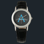 Blue Black Script Girly Monogram Namn Armbandsur<br><div class="desc">Svart och blå Enkel skript Monogram Namn Watch. Det gör perfekt studenten,  födelsedag,  bröllop,  möhippa,  årsdag,  babydusch eller bachelorette-fest till någon som glam lyx och chic stilar.</div>